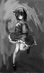 Rule 34 | 1girl, animal ears, binayu, cat ears, cat girl, cat tail, chen, female focus, full body, gradient background, greyscale, hat, monochrome, short hair, sketch, skirt, solo, tail, touhou
