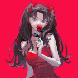 Rule 34 | 1girl, black hair, blue eyes, bow, choker, covered mouth, dress, fate/stay night, fate (series), flower, hair bow, highres, long hair, red background, red bow, red choker, red flower, red nails, red rose, rose, simple background, solo, strapless, strapless dress, tohsaka rin, two side up, ubwmitekure, upper body, wavy hair