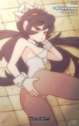 Rule 34 | 1girl, animated, animated gif, armpit crease, ass, black hair, breasts, cameltoe, covered erect nipples, detached collar, diives, filia (skullgirls), fishnet pantyhose, fishnets, hair between eyes, half-closed eyes, hand on own ass, hand on own thigh, highres, leotard, long hair, looking at viewer, lying, on side, open mouth, pantyhose, parted lips, playboy bunny, rabbit tail, raised eyebrows, red eyes, rubbing, sideboob, skullgirls, solo, spread ass, tile floor, tiles, wrist cuffs