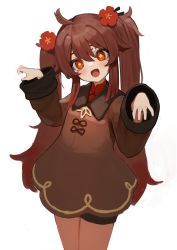 Rule 34 | 1girl, :d, aged down, ahoge, brown dress, brown hair, claw pose, collared shirt, cowboy shot, dress, flasso, flower, genshin impact, hair flower, hair ornament, hands up, highres, hu tao (genshin impact), long hair, long sleeves, looking at viewer, open mouth, red flower, red shirt, shirt, simple background, smile, solo, twintails, white background
