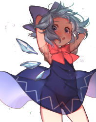 Rule 34 | 1girl, :o, arms behind back, arms up, blue bow, blue dress, blue hair, blue wings, blush, bow, bowtie, cirno, detached wings, dress, fairy, gluteal fold, hair bow, highres, ice, ice wings, light blue hair, masanaga (tsukasa), navel, open mouth, pink eyes, pussy, red bow, red bowtie, see-through, short hair, short sleeves, simple background, solo, touhou, white background, wings