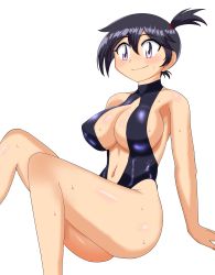 Rule 34 | 1girl, absurdres, ass, asymmetrical hair, bare shoulders, black hair, blush, breast slip, breasts, creatures (company), curvy, game freak, groin, gym leader, hair between eyes, highres, large breasts, looking at another, misty (pokemon), navel, nintendo, nipples, one-piece swimsuit, pokemon, pokemon: the electric tale of pikachu, ponytail, purple eyes, shiny skin, short hair, side ponytail, slingshot swimsuit, solo, su retro space, swimsuit, wet