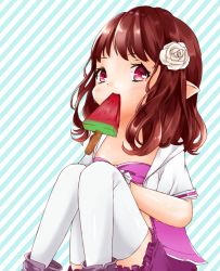 Rule 34 | 10s, 1girl, bad id, bad pixiv id, bikini, bikini top only, boots, brown eyes, brown hair, final fantasy, final fantasy xiv, flower, food, fruit, hair flower, hair ornament, jacket, lalafell, long hair, mouth hold, pointy ears, popsicle, sitting, skirt, solo, swimsuit, thighhighs, warrior of light (ff14), watermelon, watermelon bar, white thighhighs, yume derika