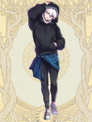 Rule 34 | 1boy, androgynous, arm up, black hoodie, black pants, facial mark, full body, hand in pocket, hand on own head, hood, hoodie, long sleeves, medium hair, morino bambi, open mouth, original, pandora party project, pants, shoes, sneakers, solo, trap, white footwear, white hair, yellow background, yellow eyes