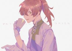 Rule 34 | 1boy, :d, commentary request, copyright name, cup, fate/grand order, fate (series), gloves, green eyes, grey background, holding, holding cup, lab coat, male focus, open mouth, orange hair, ponytail, romani archaman, simple background, smile, solo, white gloves, yamakawa