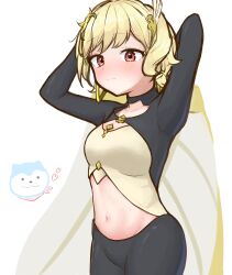Rule 34 | 1girl, arms behind head, arms up, black pants, blonde hair, breasts, brown eyes, cape, citrinne (fire emblem), clothing cutout, commentary request, cowboy shot, fire emblem, fire emblem engage, fugakutkt, hair ornament, highres, leggings, long sleeves, medium breasts, midriff, navel, nintendo, pants, short hair, simple background, sommie (fire emblem), standing, stomach, stomach cutout, white background, yellow cape