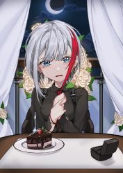 Rule 34 | 1girl, absurdres, admiral graf spee (azur lane), alternate costume, asymmetrical hair, azur lane, black shirt, blue eyes, blush, bouquet, breasts, cake, chair, chocolate cake, cloud, cloudy sky, collared shirt, commentary, crying, crying with eyes open, curtains, earrings, english commentary, flower, food, fork, happy tears, highres, indoors, jewelry, long sleeves, looking at viewer, medium breasts, moon, multicolored hair, necktie, night, night sky, open mouth, ornate ring, page&#039;as, pov, marriage proposal, red necktie, ring, ring box, rose, shirt, short hair, sidelocks, sitting, sky, solo, streaked hair, streaming tears, suspenders, table, tears, wavy mouth, wedding ring, white flower, white hair, white rose, wristband