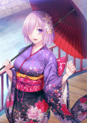 Rule 34 | 1girl, :d, alternate costume, blush, bow, breasts, bridge, cowboy shot, day, fate/grand order, fate (series), floral print, flower, hair flower, hair ornament, hair over one eye, highres, holding, holding umbrella, japanese clothes, kimono, long sleeves, looking at viewer, luzi, mash kyrielight, medium breasts, obi, oil-paper umbrella, open mouth, pink bow, pink hair, pink ribbon, print kimono, purple eyes, purple kimono, railing, ribbon, river, round teeth, sash, short hair, smile, solo, standing, teeth, umbrella, underbust, water, wide sleeves