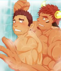 Rule 34 | 2boys, animal ears, bara, blush, brown eyes, brown hair, completely nude, cow boy, cow ears, cow horns, dark-skinned male, dark skin, facial hair, fiery horns, forked eyebrows, glowing horns, goatee, highres, horns, implied anal, implied sex, large pectorals, male focus, mature male, multiple boys, muscular, muscular male, nude, pectorals, raineru (gryffindor131), same-sex bathing, shared bathing, short hair, shower (place), showering, sideburns, smirk, spiked hair, stubble, tamamura gunzo, thick eyebrows, third-party source, tokyo houkago summoners, upper body, wakan tanka, yaoi