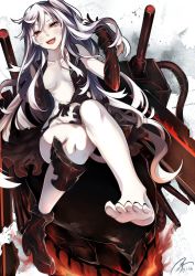 Rule 34 | 10s, 1girl, 2017, :d, abyssal ship, aircraft carrier princess, arm guards, arm support, armor, armored dress, artist name, bare legs, bare shoulders, barefoot, black footwear, black gloves, black nails, black serafuku, black skirt, blush, boots, breasts, breasts apart, cannon, collarbone, dated, dutch angle, elbow gloves, feet, full body, gloves, groin, kantai collection, koruta (nekoimo), long hair, looking at viewer, machinery, medium breasts, monster, nail polish, no legwear, one side up, open mouth, pale skin, red eyes, school uniform, serafuku, shirt, shoes, signature, silver hair, single boot, single shoe, sitting, skirt, smile, soles, solo, teeth, toenail polish, toenails, torn clothes, torn shirt, torn skirt, turret, very long hair, wavy hair