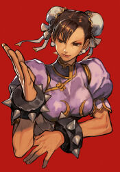 Rule 34 | 1girl, bracelet, breasts, brown eyes, brown hair, bun cover, capcom, china dress, chinese clothes, chun-li, double bun, dress, earrings, eyeliner, eyeshadow, fighting stance, foreshortening, hair bun, hungry clicker, jewelry, lips, makeup, medium breasts, red background, red eyeshadow, short hair, short sleeves, simple background, solo, spiked bracelet, spikes, street fighter, street fighter iii (series), upper body, v-shaped eyebrows