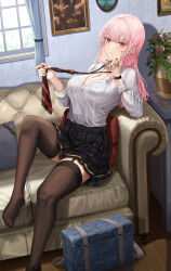 Rule 34 | 1girl, absurdres, bag, black garter straps, black nails, black skirt, black thighhighs, blush, breast pocket, breasts, cleavage, closed mouth, collared shirt, couch, flower, foot out of frame, garter straps, highres, indoors, jewelry, large breasts, long hair, long sleeves, looking at viewer, mole, mole under eye, nail polish, necktie, original, pink hair, pleated skirt, pocket, red eyes, ring, shirt, shirt tucked in, silvertsuki, sitting, skirt, solo, striped necktie, thighhighs, thighs, white shirt, window