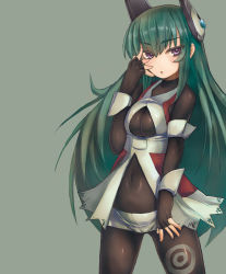 Rule 34 | 1girl, :o, blush, bodysuit, breasts, cleavage cutout, clothing cutout, covered navel, fingerless gloves, gloves, green hair, grey background, headgear, highres, large breasts, long hair, menou kaname (taishi), navel, no nose, open mouth, original, pantyhose, purple eyes, short shorts, shorts, simple background, solo, taishi (artist), taishi (picchiridou)