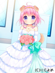 Rule 34 | 1girl, ahoge, animal ears, aqua bow, bare shoulders, blush, bouquet, bow, closed mouth, collarbone, day, dog ears, dog girl, dog tail, dress, flower, hair between eyes, holding, holding bouquet, looking at viewer, off-shoulder dress, off shoulder, official art, outdoors, pink hair, purple eyes, smile, solo, sunlight, tail, usashiro mani, valhalla valkyries, wedding dress, white dress
