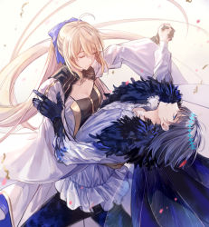 Rule 34 | 1boy, 1girl, artoria caster (fate), artoria caster (third ascension) (fate), artoria pendragon (fate), black cape, black gloves, black hair, blonde hair, blouse, blue eyes, blue ribbon, bracelet, cape, closed mouth, diamond hairband, dress, fate/grand order, fate (series), fur-trimmed cape, fur trim, gloves, hair ribbon, hand grab, highres, insect wings, jewelry, long hair, looking at viewer, medium hair, oberon (fate), oberon (third ascension) (fate), ribbon, shichimi (ftlvampire32), shirt, single glove, smile, spoilers, very long hair, white dress, white shirt, wings