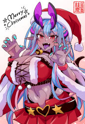 Rule 34 | 1girl, aqua hair, bare shoulders, bell, blush, breasts, choker, cleavage, colored skin, cosplay, eyeliner, fate/grand order, fate (series), fur-trimmed headwear, fur-trimmed skirt, fur trim, grey skin, hair between eyes, hat, highres, horns, ibuki douji (fate), ibuki douji (swimsuit berserker) (fate), large breasts, long hair, looking at viewer, makeup, miniskirt, momohara rile, multicolored hair, nail polish, navel, neck bell, oni, oni horns, open mouth, pink hair, pointy ears, red eyes, red hat, red skirt, santa costume, santa hat, sidelocks, skirt, suzuka gozen (fate), suzuka gozen (fate) (cosplay), suzuka gozen (santa) (fate), suzuka gozen (santa) (fate) (cosplay), tail, tongue, tongue out