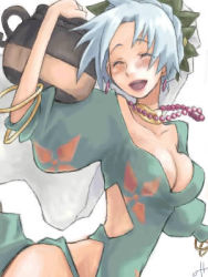 Rule 34 | blush, breasts, cleavage, closed eyes, grey hair, grune (tales), jewelry, lowres, open mouth, tales of (series), tales of legendia, vase