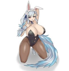 Rule 34 | 1girl, animal ears, arm behind head, arm up, bare legs, bare shoulders, black leotard, black pantyhose, blue hair, blue ribbon, borrowed character, breasts, collarbone, commentary, commission, english commentary, gluteal fold, gradient hair, grey hair, hand on own chest, high heels, highres, huge breasts, kikimora (monster girl encyclopedia), leotard, long hair, looking at viewer, maid headdress, mole, mole on breast, monster girl, monster girl encyclopedia, multicolored hair, nav (itsnav), navel, neck ribbon, original, pantyhose, pink eyes, rabbit ears, ribbon, simple background, solo, tail, white background