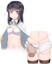 Rule 34 | 1boy, 1girl, asashio (kancolle), ass, ass grab, bad id, bad pixiv id, black hair, black thighhighs, blue eyes, blush, bra, breasts, butt crack, cleavage, collared shirt, deep skin, disembodied hand, from behind, heart, hetero, highres, kantai collection, kitajima yuuki, long hair, looking at viewer, lower body, midriff, multiple views, navel, open clothes, open shirt, panties, parted lips, see-through, shirt, simple background, skindentation, small breasts, solo focus, standing, stomach, thigh gap, thighhighs, underwear, undressing, upper body, water drop, wet, wet clothes, wet panties, white background, white bra, white panties, white shirt, wing collar
