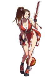 Rule 34 | 1girl, breasts, brown eyes, brown hair, cleavage, fatal fury, folded fan, folding fan, full body, hand fan, high ponytail, japanese clothes, large breasts, ninja, official art, ogura eisuke, pelvic curtain, ponytail, revealing clothes, shiranui mai, snk, snk heroines: tag team frenzy, solo, the king of fighters, transparent background