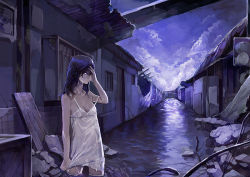 Rule 34 | 1girl, bad id, bad pixiv id, blue eyes, blue hair, breasts, crying, dress, hand on own head, house, khj, long hair, matching hair/eyes, night, original, ruins, solo, standing, tears, water