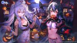 Rule 34 | 2girls, :q, azur lane, bare arms, bare shoulders, bikini, bikini under clothes, black bikini, black choker, black gloves, black hair, breasts, candy, choker, closed mouth, docozi, food, full moon, garter straps, gloves, halloween, hat, highres, holding, horns, jack-o&#039;-lantern, lollipop, long hair, long sleeves, looking at viewer, medium breasts, moon, multi-strapped bikini, multicolored hair, multiple girls, navel, night, nurse cap, off shoulder, official alternate costume, official art, red eyes, red gloves, shirt, sleeveless, sleeveless shirt, smile, stomach, streaked hair, swimsuit, symbol-shaped pupils, syringe, thighs, tongue, tongue out, twintails, two-tone hair, v, v-shaped eyebrows, vampire (azur lane), vampire (little devil in white) (azur lane), very long hair, white bikini, white hair, white shirt, wing collar, wrist cuffs, x-shaped pupils, z16 (azur lane)