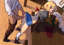 Rule 34 | 1boy, 2girls, :q, alcohol, armband, armor, ass, bandeau, bent over, blonde hair, blue eyes, blue skirt, blush, boots, bottle, breasts, censored, clothes lift, clothes pull, elbow gloves, elf, erection, gloves, hand on another&#039;s ass, hand on own penis, imminent anal, imminent penetration, kneehighs, leather, leather gloves, looking back, multiple girls, neliel (nilsunna), nipples, no panties, original, overflowing, pants, pants pull, pauldrons, penis, pointy ears, pouring, red armband, shirt lift, short hair, shoulder armor, skirt, small breasts, socks, spread ass, sunna (nilsunna), table, tongue, tongue out, uncensored, wine, wine bottle, wooden chair, wooden floor, wooden table