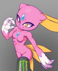 Rule 34 | 1girl, @ @, alternate color, animal ears, animal hands, animal nose, blue gemstone, blush, body fur, breasts, can, chest jewel, closed mouth, collarbone, cowboy shot, creatures (company), drink can, ears down, female focus, forehead jewel, furry, furry female, game freak, gem, gen 2 pokemon, grey background, groin, hand up, highres, hitmanatee, monster energy, multiple tails, navel, nervous, nervous smile, nintendo, no nipples, pink fur, pokemon, pokemon (creature), sexually suggestive, shiny pokemon, shiny skin, simple background, small breasts, smile, sneasel, soda can, solo, standing, stomach, tail, wavy mouth, yellow eyes