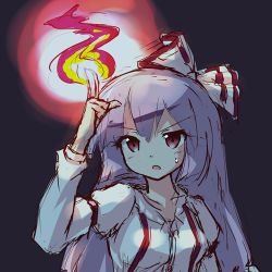 Rule 34 | 1girl, :o, black background, blush, bow, collared shirt, fire, fire, flaming hand, fujiwara no mokou, hair bow, index finger raised, long hair, lowres, magic, open mouth, parted lips, ryogo, shirt, silver hair, simple background, solo, suspenders, sweatdrop, touhou, very long hair, white shirt