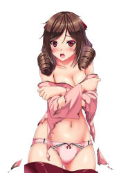 Rule 34 | 10s, 1girl, blush, bow, breasts, brown hair, burnt clothes, cleavage, collarbone, covering privates, covering breasts, cowboy shot, drill hair, embarrassed, eyebrows, hair between eyes, hair bow, harukaze (kancolle), highres, hip focus, japanese clothes, kantai collection, kimono, kongouseki, long hair, looking at viewer, medium breasts, navel, open mouth, panties, red eyes, simple background, solo, stomach, thighs, torn clothes, torn kimono, twin drills, underwear, white background
