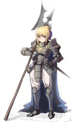 Rule 34 | 1girl, absurdres, ahoge, alternate costume, armor, artoria pendragon (all), artoria pendragon (fate), blonde hair, blue cape, boa (brianoa), boots, breastplate, cape, closed mouth, fate/stay night, fate (series), faulds, full armor, full body, green eyes, hair bun, hair ribbon, hand on own hip, highres, holding, holding weapon, looking at viewer, armored boots, over shoulder, pauldrons, plate armor, polearm, purple ribbon, ribbon, saber (fate), scabbard, sheath, sheathed, shoulder armor, sidelocks, simple background, single hair bun, solo, standing, sword, twitter username, weapon, weapon over shoulder, white background
