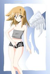 Rule 34 | 1girl, angel, angel wings, bad anatomy, brown eyes, brown hair, halo, open clothes, open shorts, shorts, solo, strapless, tube top, utamaro, wings