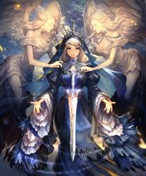 Rule 34 | 3girls, angel, angel wings, artist request, blonde hair, blue eyes, choker, cygames, expressionless, frills, glowing, glowing weapon, habit, laina sister of judgment, multiple girls, nun, official art, puffy sleeves, shadowverse, sword, weapon, wide sleeves, wings