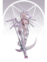 Rule 34 | 1girl, breasts, cleavage, full body, highres, holding, holding scythe, holding weapon, horns, large breasts, long hair, looking at viewer, mask, mecha musume, mechanical wings, navel, original, pasties, purple eyes, revealing clothes, scythe, solo, suerte, weapon, white hair, wings