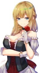 Rule 34 | 1girl, a.t. zero, artist name, blonde hair, blue eyes, blush, braid, breast hold, breasts, cleavage, corset, dress, flower, gloves, half updo, highres, holding, holding flower, large breasts, long hair, looking at viewer, original, red flower, red rose, rose, side braid, signature, simple background, single braid, smile, solo, upper body, white background, white gloves