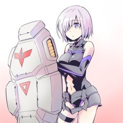 Rule 34 | 1girl, armor, bare shoulders, breasts, clothing cutout, cowboy shot, elbow gloves, fate/grand order, fate (series), faulds, from side, gloves, gorget, gradient background, gundam, gundam 0083, gundam gp-02 physalis, hair over one eye, halterneck, highres, holding, holding shield, ishiyumi, leotard, mash kyrielight, navel, navel cutout, one eye covered, pink background, purple eyes, purple hair, shield, short hair, solo, thigh strap, white background