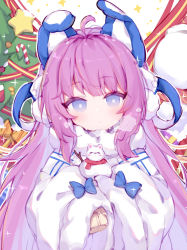 Rule 34 | 1girl, ahoge, azur lane, blue eyes, blush, breath, brown dress, candy, candy cane, christmas, christmas ornaments, christmas tree, closed mouth, commentary request, dress, food, fur-trimmed sleeves, fur trim, long hair, long sleeves, looking at viewer, puffy long sleeves, puffy sleeves, purple hair, snowman, solo, star (symbol), sudango, tashkent (azur lane), very long hair, white dress, wide sleeves