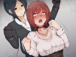 Rule 34 | 2girls, blood, blood on clothing, blood on hand, blood on neck, blue eyes, blue hair, blush, death, drooling, female focus, formal, guro, highres, jewelry, long hair, matching hair/eyes, multiple girls, necklace, open mouth, original, red eyes, red hair, shirt, short hair, strangling, strangulation, suit, white shirt