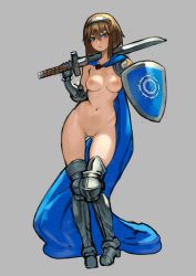 Rule 34 | 1girl, armor, armored boots, armored gloves, blue eyes, blush, boots, breasts, brown hair, cape, grey background, hamama2, headband, highres, looking at viewer, medium breasts, navel, nipples, no bra, serious, shield, shoulder armor, simple background, solo, sword, weapon