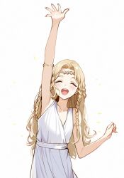 Rule 34 | 1boy, arm up, armlet, armpits, ateoyh, bare shoulders, blonde hair, braid, closed eyes, collarbone, commentary request, dress, elden ring, facing viewer, hand up, happy, long hair, miquella (elden ring), simple background, sleeveless, sleeveless dress, solo, sparkle, teeth, trap, upper teeth only, white background, white dress