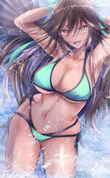 1girl aqua_bikini armpits arms_behind_head arms_up bikini breasts brown_hair cleavage collarbone commentary_request cowboy_shot dutch_angle hair_between_eyes large_breasts long_hair looking_at_viewer navel niradama_(nira2ratama) open_mouth orange_eyes reiuji_utsuho smile solo stomach swimsuit tan teeth tongue touhou upper_teeth_only variant_set wading water wet