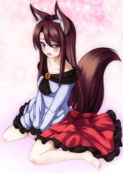 Rule 34 | 1girl, animal ears, bare legs, barefoot, blush, brooch, brown hair, collarbone, female focus, highres, imaizumi kagerou, jewelry, long hair, minaha (playjoe2005), open mouth, red eyes, sitting, skirt, solo, tail, tears, touhou, v arms, wariza, wolf ears, wolf tail