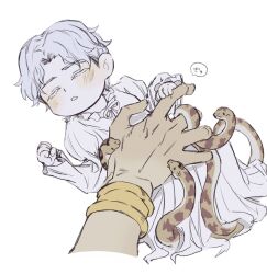 Rule 34 | 2boys, absurdres, aged down, baby, biting, biting another&#039;s hand, blush, bracelet, brothers, clenched hand, cropped arms, dark souls (series), dark souls i, dark souls iii, dark sun gwyndolin, dress, grabbing another&#039;s hand, grey hair, highres, jewelry, lying, male focus, multiple boys, nameless king, on back, short hair, siblings, simple background, snake, solo focus, speech bubble, teeth, translation request, white background, white dress, zunkome