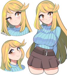 Rule 34 | arms behind back, blonde hair, blue shirt, blush, breasts, casual, digicheeze, highres, large breasts, long hair, looking at viewer, mythra (xenoblade), shirt, skirt, smile, solo, sweater, turtleneck, turtleneck sweater, xenoblade chronicles (series), xenoblade chronicles 2, yellow eyes