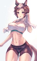Rule 34 | 1girl, :o, abs, animal ears, black hair, blue eyes, breasts, collarbone, denchi more power, gluteal fold, highres, horse ears, horse girl, horse tail, large breasts, mejiro ryan (umamusume), multicolored eyes, multicolored hair, muscular, muscular female, navel, open mouth, purple eyes, short hair, shorts, simple background, solo, sports bra, streaked hair, tail, teeth, thick thighs, thighs, tongue, towel, towel around neck, two-tone hair, umamusume, upper teeth only, white hair