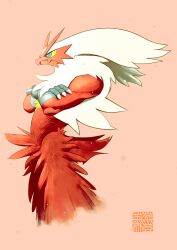 Rule 34 | blaziken, blue eyes, claws, closed mouth, colored sclera, creatures (company), cropped legs, crossed arms, from side, furry, game freak, gen 3 pokemon, hanauta hazumu, highres, nintendo, pink background, pokemon, pokemon (creature), serious, signature, simple background, solo, yellow sclera