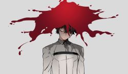 Rule 34 | 1boy, black hair, blood, blood splatter, closed mouth, collared jacket, commentary, closed eyes, facing viewer, fate/grand order, fate (series), fujimaru ritsuka (male), grey background, jacket, long sleeves, male focus, short hair, simple background, solo, tenobe, upper body, wing collar