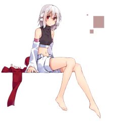 Rule 34 | 1girl, adyisu, albino, altair floone, bare legs, barefoot, breasts, crop top, detached sleeves, full body, hair between eyes, hair flaps, looking at viewer, midriff, navel, original, red eyes, short hair, shorts, simple background, sitting, small breasts, solo, turtleneck, twitter username, white background, white hair, white shorts