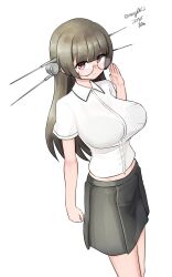 Rule 34 | 1girl, absurdres, alternate costume, black hair, blunt bangs, breasts, choukai (kancolle), collared shirt, dress shirt, feet out of frame, glasses, grey skirt, headgear, highres, kantai collection, large breasts, long hair, looking at viewer, maru (marg0613), pencil skirt, red eyes, shirt, simple background, skirt, solo, standing, white background, white shirt