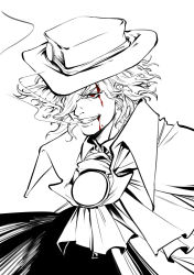 Rule 34 | &gt;:), 1boy, blood, blood in mouth, blood on face, cape, cigarette, edmond dantes (fate), edwintarm, fate/grand order, fate (series), fedora, grin, hat, highres, male focus, monochrome, smile, smoking, solo, spot color, v-shaped eyebrows, wavy hair, wing collar